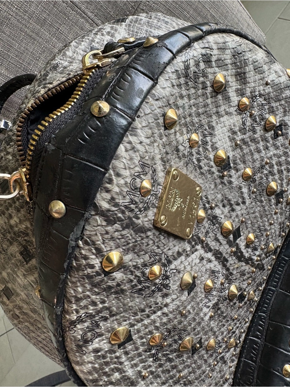 MCM Visetos Studded Mini Backpack - Black & Beige Snakeskin - Picture 8 of 13